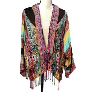 BOK Shawl Jacket Paisley Fringe India Boho Lagenlook Cardigan Kimono Top